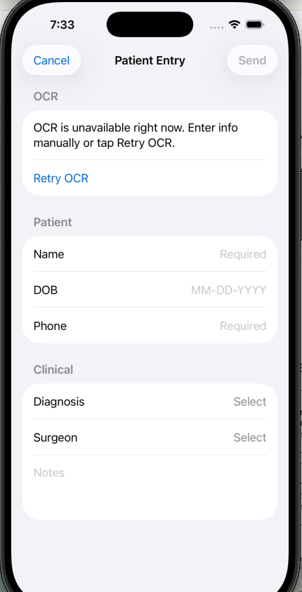 Patient entry screen