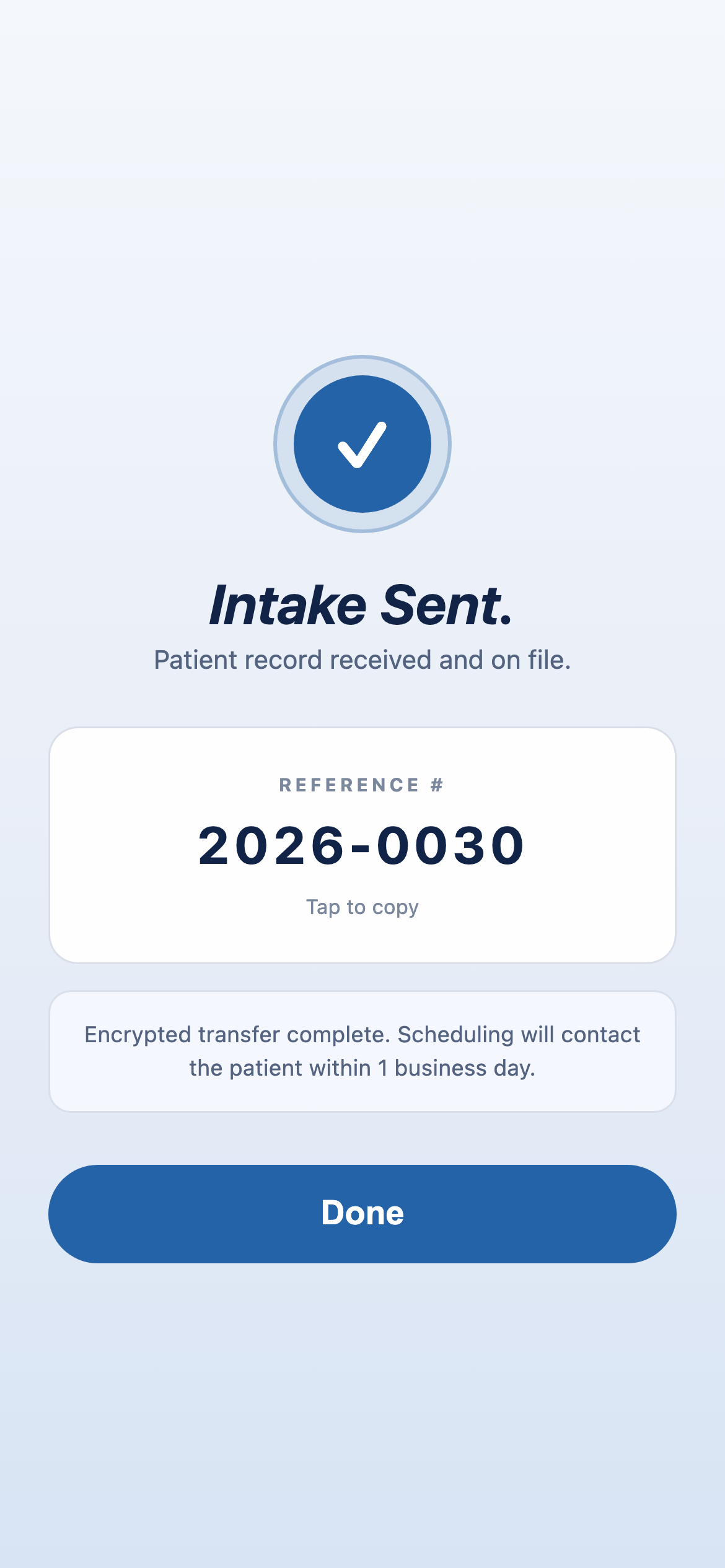 iPhone App — intake sent confirmation